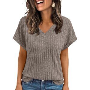 Women's Grey Short Sleeve V Neck Stretch Ribbed Knitwear Pullover Sweater Top